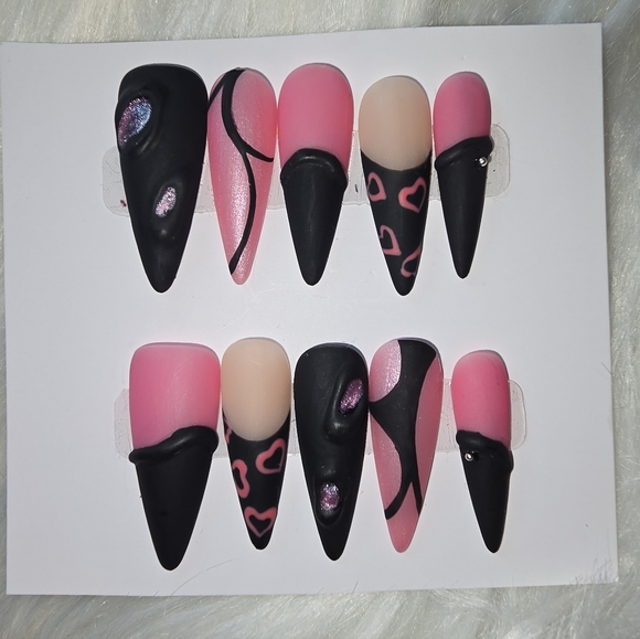 Other - Pink and Black Handmade Stiletto Press-On Nail Set